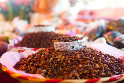 Close-up of chapulines at market stall