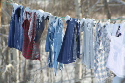 Close-up of clothes hanging in row