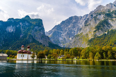 Scenic view of lake with mountain in background