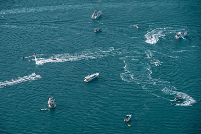 High angle view of boats on sea 