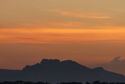 Scenic view of silhouette mountains against orange sky