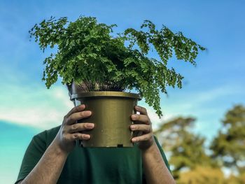 Low angle view of man holding potted plant against blue sky.