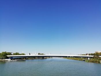 Bridge over river against clear blue sky