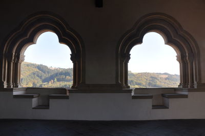 View of church seen through window