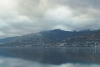 Scenic view of lake and mountains against sky