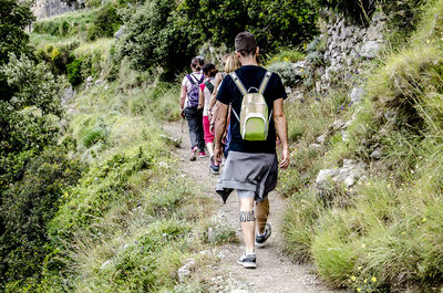 Rear view of people walking on road amidst trees