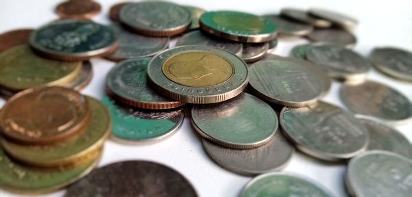 High angle view of coins