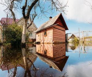 Reflection of built structures in lake