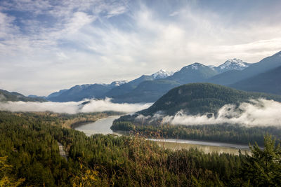 View of mountain range against cloudy sky