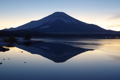 Reflection of mountain on lake at sunset