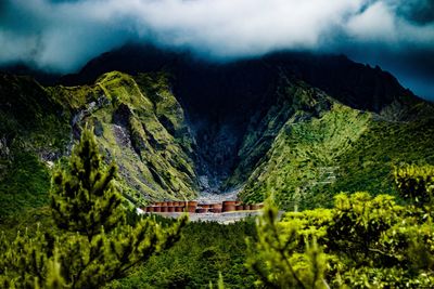 Scenic view of mountains against cloudy sky