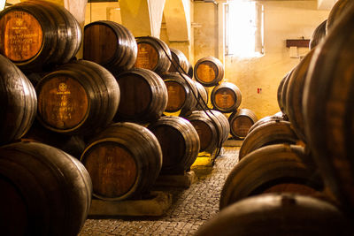 Stack of wines and porto barrels in portugal 