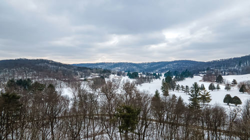 Dark sky over winter hills with trees.