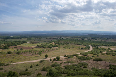 Scenic view of agricultural landscape against sky