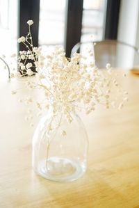 Close-up of flower vase on table in living room
