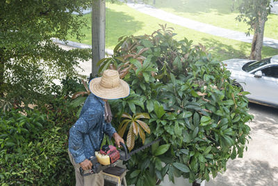 Rear view of woman standing by car