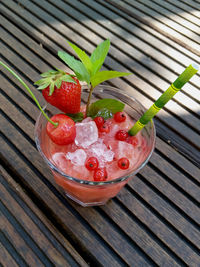 High angle view of strawberries on table