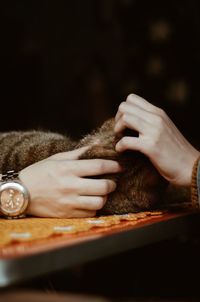 Cropped hands of friends petting cat on table