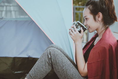 Series photo of young woman hand holding ceramic mug, positive emotion, chill and joyful