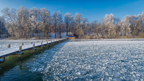 River amidst bare trees during winter