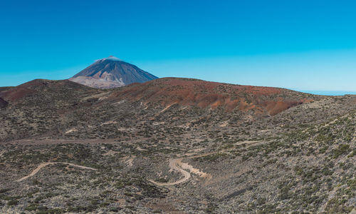 Scenic view of arid landscape against clear blue sky