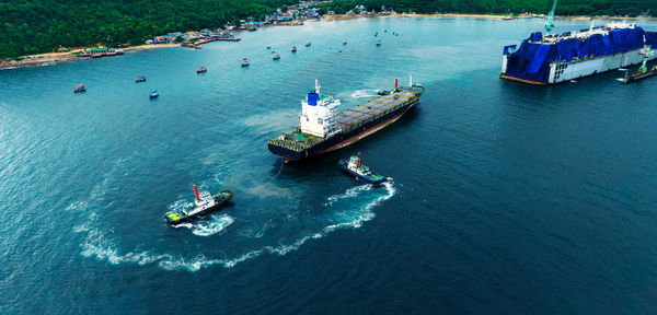 High angle view of boats in sea