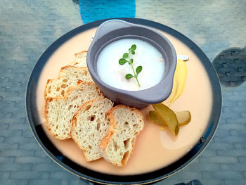 High angle view of food in plate on table