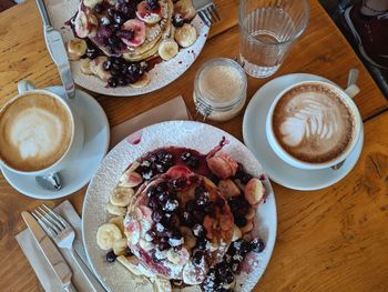 High angle view of breakfast on table