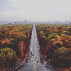 Road amidst trees against sky during autumn