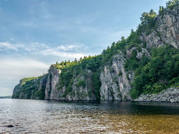 Scenic view of sea by cliff against sky