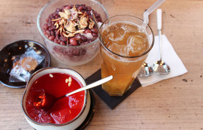 High angle view of dessert on table