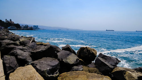 Scenic view of sea against clear sky