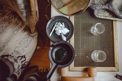 High angle view of breakfast on table