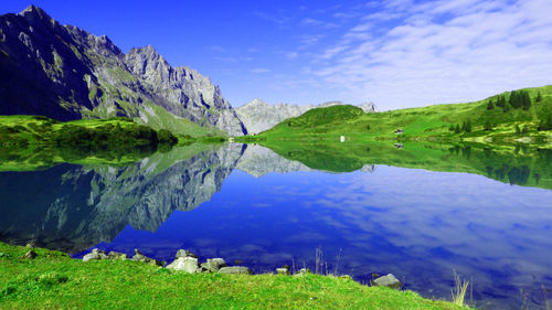 Scenic view of lake and mountains against sky