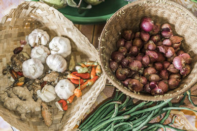 High angle view of eggs in basket