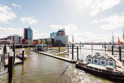 View of river by buildings against sky