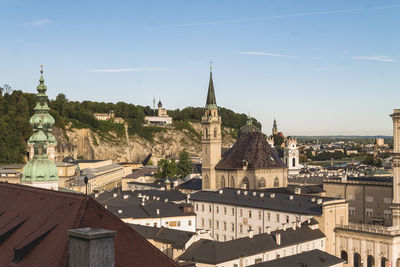 High angle view of buildings in city against sky