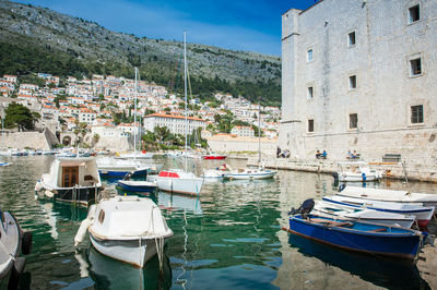 Dubrovnik city old port marina and fortifications