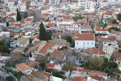 High angle view of houses in city