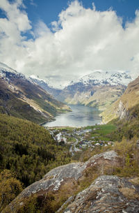 Scenic view of lake against cloudy sky