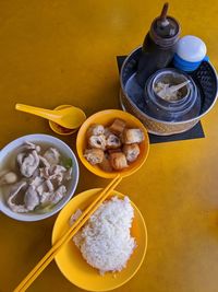 High angle view of breakfast served on table