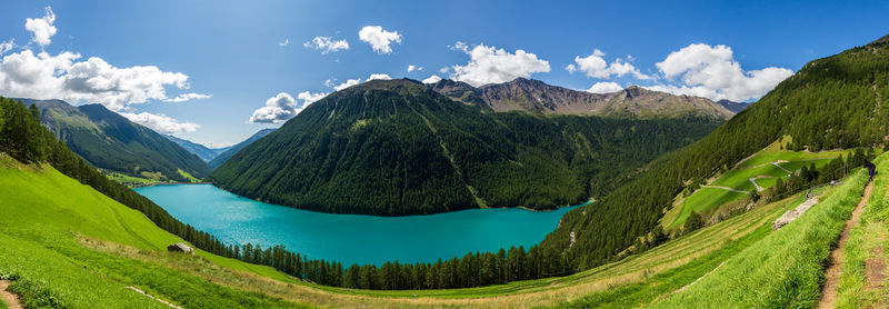 Vernago lake landscape taken from surrounding mountains, senales, italy