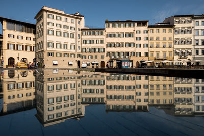 Reflection of buildings on calm lake