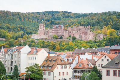 Buildings in town against clear sky