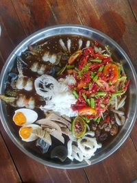 High angle view of meal served on table