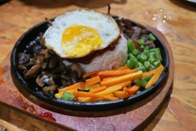 High angle view of breakfast served on table