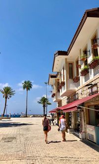 Rear view of people walking on street amidst palm trees against sky