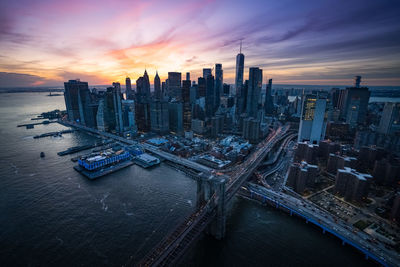 High angle view of city at sunset