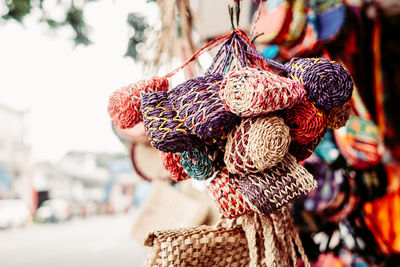 Close-up of multi colored rope hanging at market stall