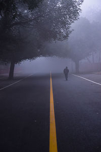 Rear view of man on road during foggy weather